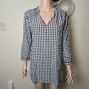 J. Crew Womens Linen Cotton Navy White Check Tunic Shirt Sz S Preppy 3/4 Sleeve